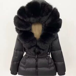 Black Real Fox Fur Oversized Hood Puffer Jacket